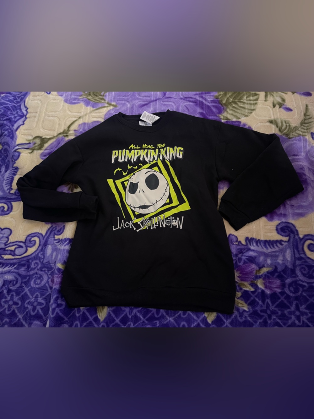 Disney Black Sweatshirt with Neon Yellow-Green Jack Skellington Graphic